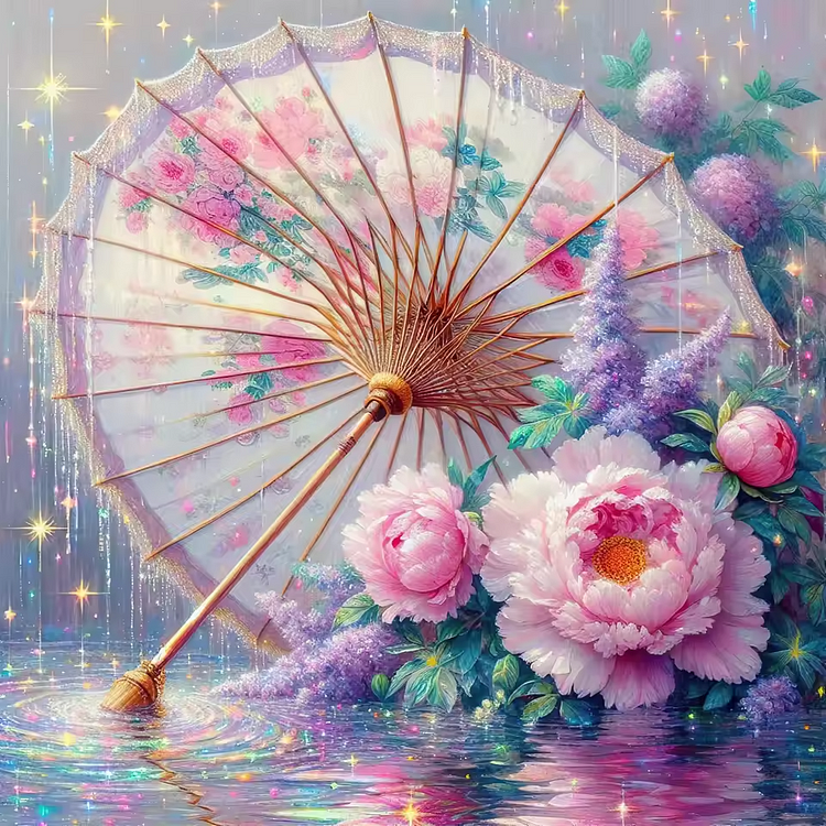 Peony flowers and umbrella-AB Round Drill Diamond Painting-40*40CM(Canvas)