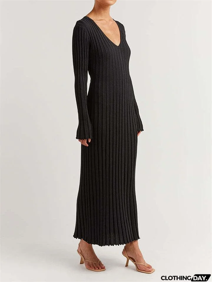 Winter Casual Sexy V Neck Ribbed Slim Knitted Lady Dress