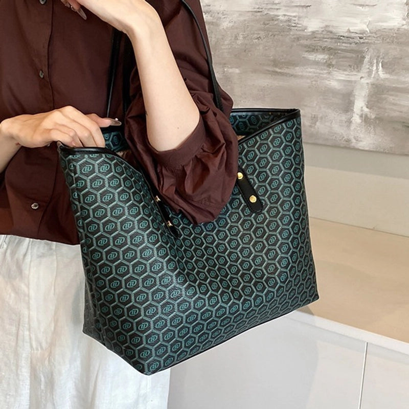 Women’s Large Pu Leather Color Block Preppy Style Classic Style Square Zipper Tote Bag