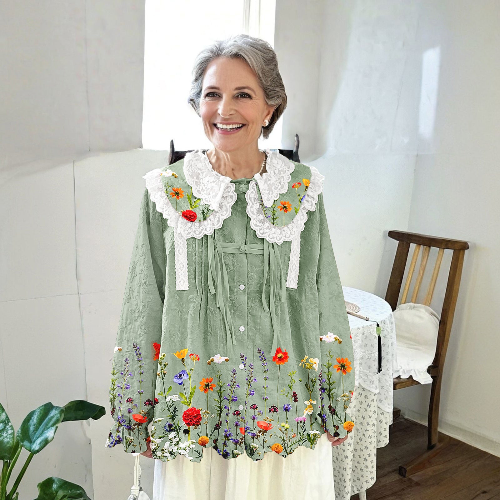 Women Printed Long Sleeve Round-neck  Cute Collar Shirts Blouses Green