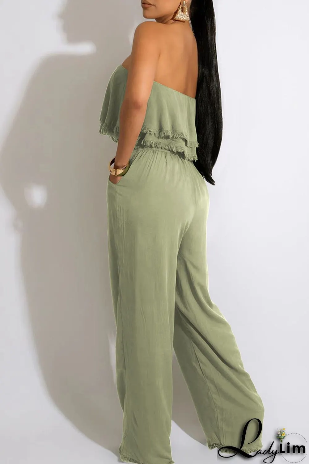 White Casual Solid Patchwork Strapless Straight Jumpsuits
