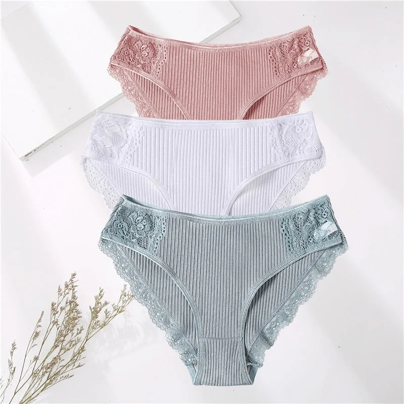 FINETOO 3PCS/Set M-XXL Cotton Underwear Women's Panties Comfort Underpants Floral Lace Briefs For Woman Sexy Low-Rise Intimates