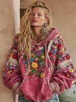 Women's Vintage Bohemian Floral Embroidery Long Sleeve Casual Hoodie