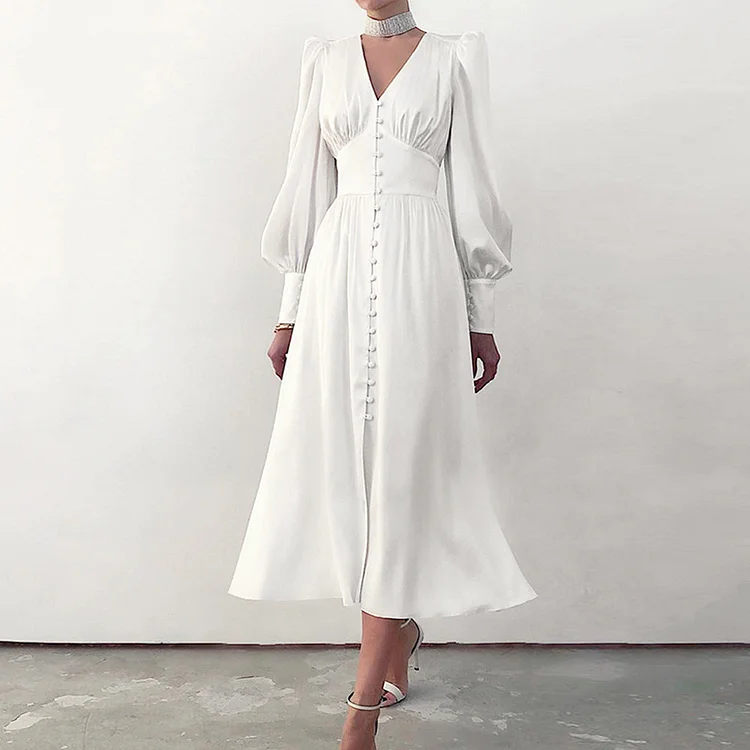 Solid Button Front Satin Lantern Sleeve Dress