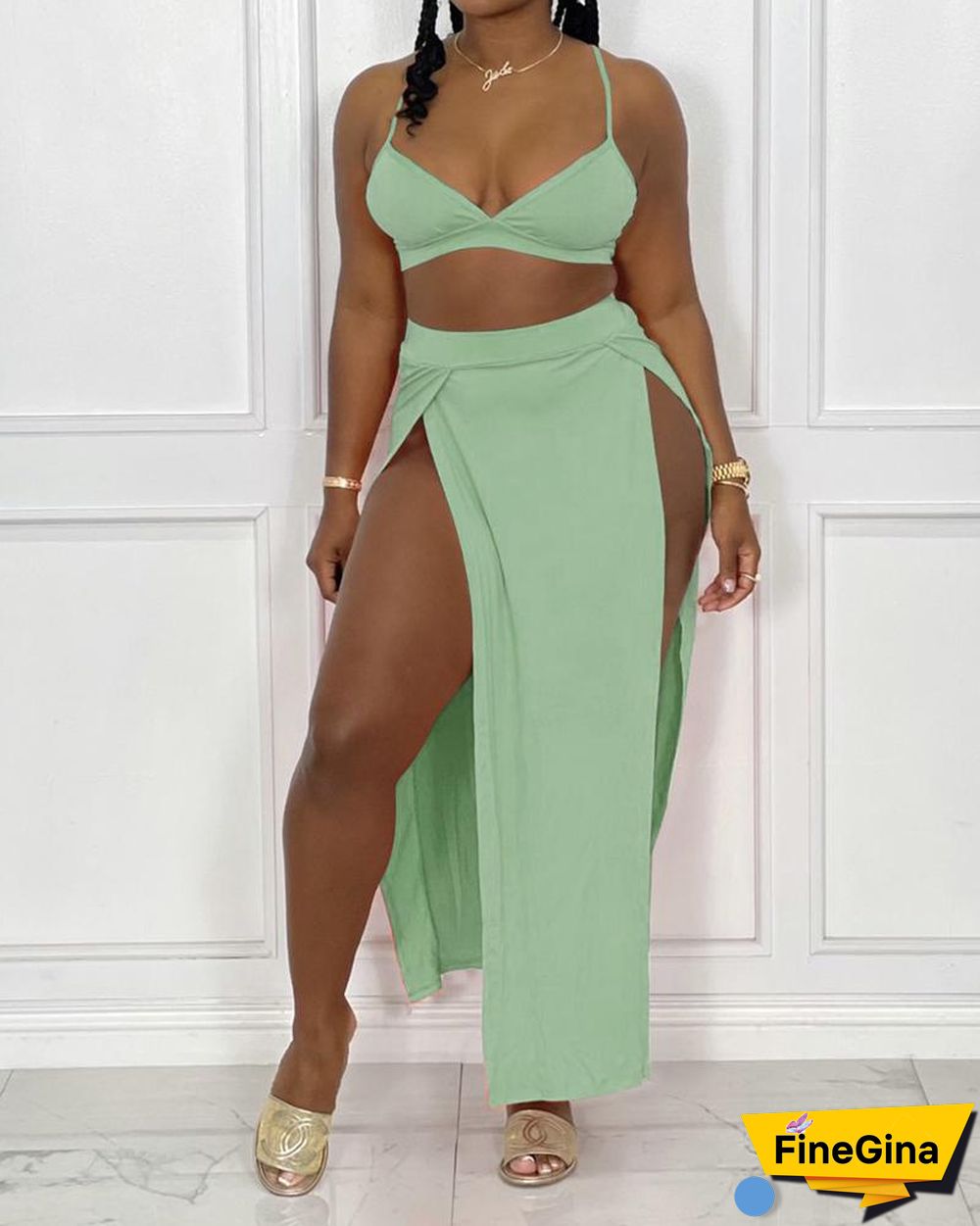 Solid Color Cami Top & Split Thigh Skirt Set
