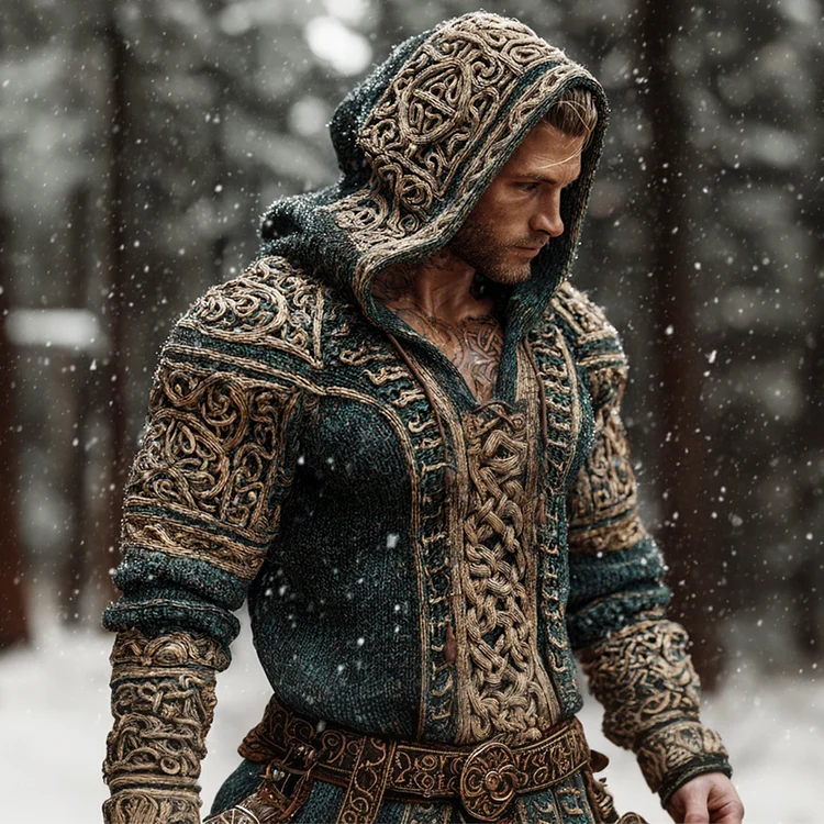 Viking Celtic Knot Men's Chunky Knit Hooded Sweater