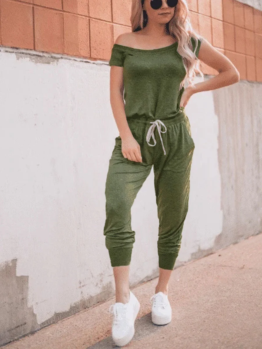 Off Shoulder Drawstring Waist Jumpsuit