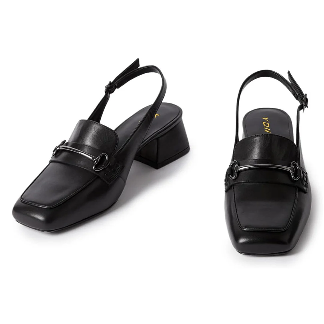 Elegant Square Toe Block Heel Loafer Slingback Black Pumps for Women