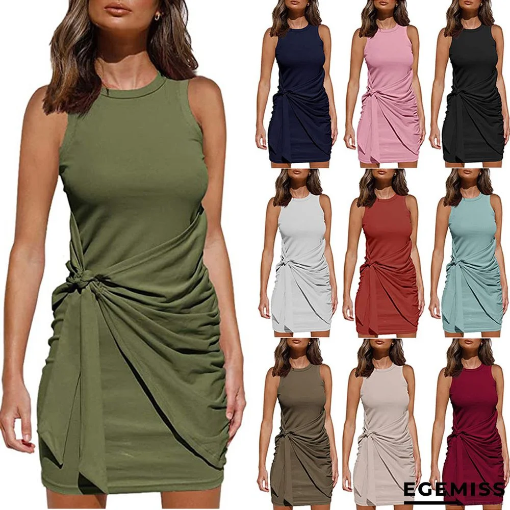 Casual Solid Color Knotted Pleated Vest Dress for Women | EGEMISS