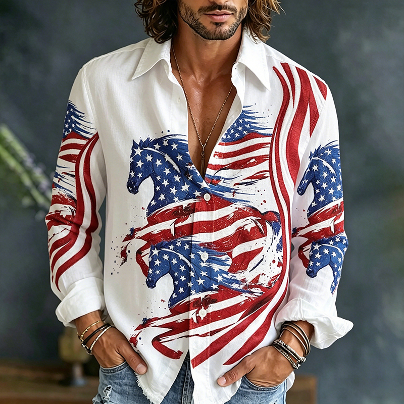 Men's Flag Horse Art Print Flowy Linen Blend Shirt Westsshops