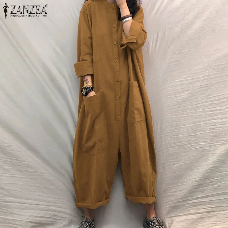 Women Jumpsuit 2022 Female Oversized Romper ZANZEA Autumn Loose Pockets Overalls  Casual Solid Stand Collar Bottom
