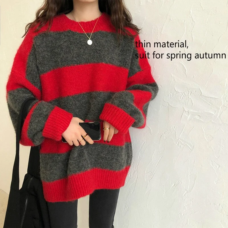 Striped Loose Pullovers Female Vintage Sweaters Women Oversized Jumper Color Block Knitted Sueter Mujer Korean Fashion Sweater