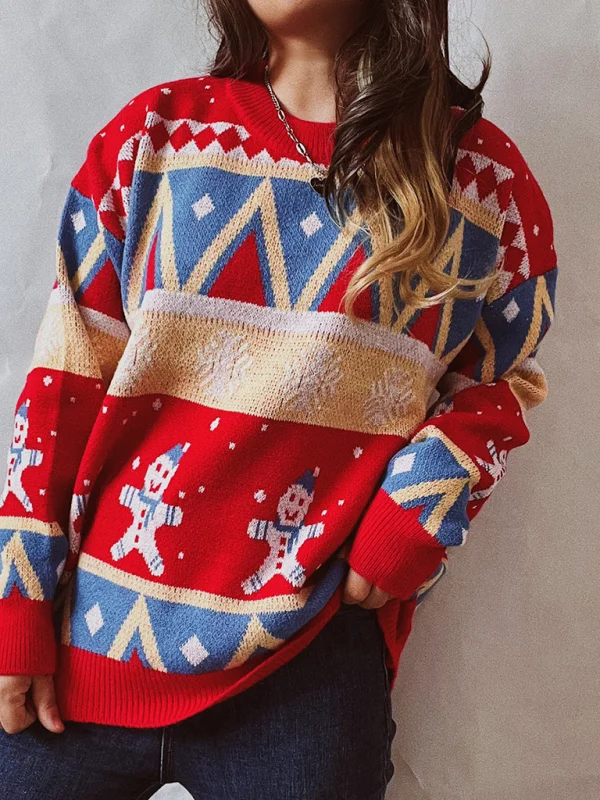 Women’s Graphic Christmas Knit Crewneck Sweater With Drop Shoulder Sleeves Flusfy