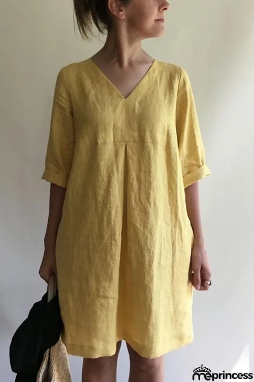 Solid V Neck Linen Tunic Dress