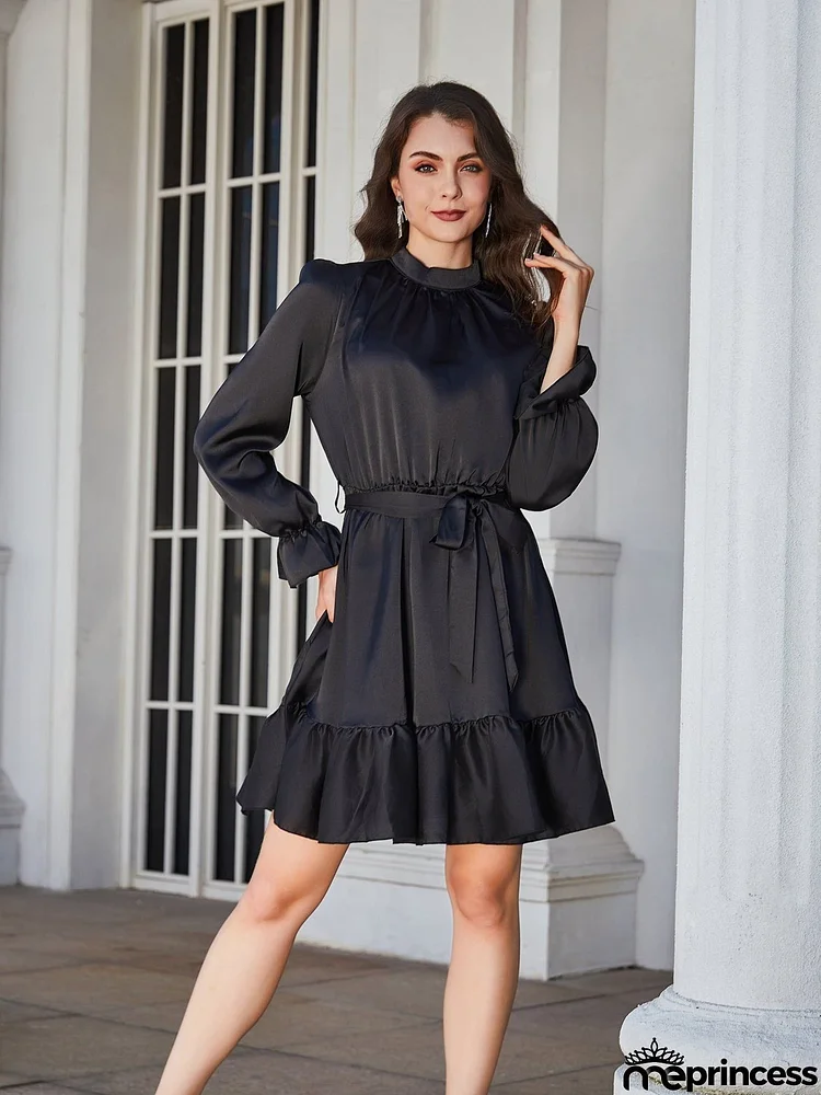 Ruffle Hem Tie Belt Mock Neck Knee Length Dress