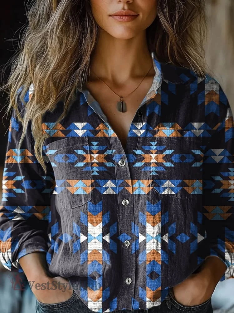 Women's Blue Aztec Art Print Casual Long Sleeve Comfortable Cotton Shirt