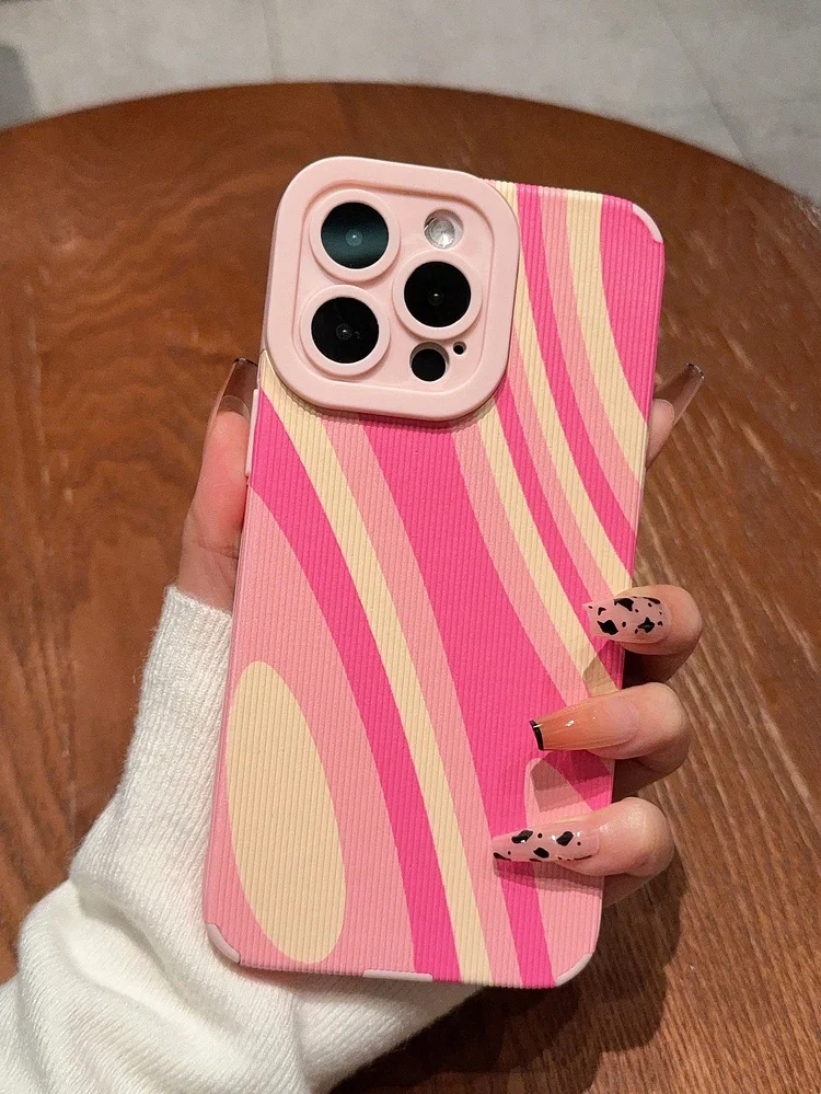 Simple Pink Water Wave Textured PU Leather Painted Fashionable Anti-Fall Phone Case,