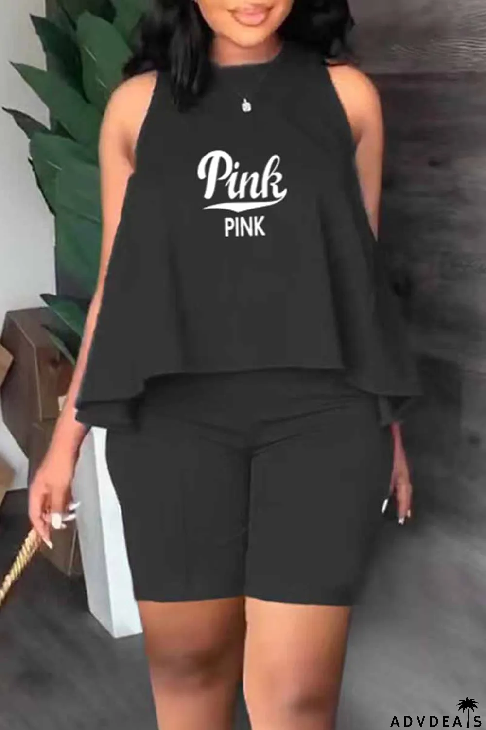 Orange Casual Print Letter O Neck Sleeveless Two Pieces