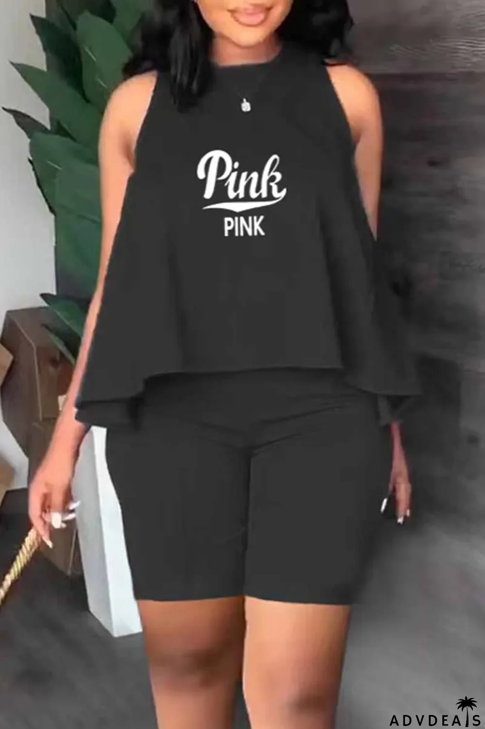 Orange Casual Print Letter O Neck Sleeveless Two Pieces