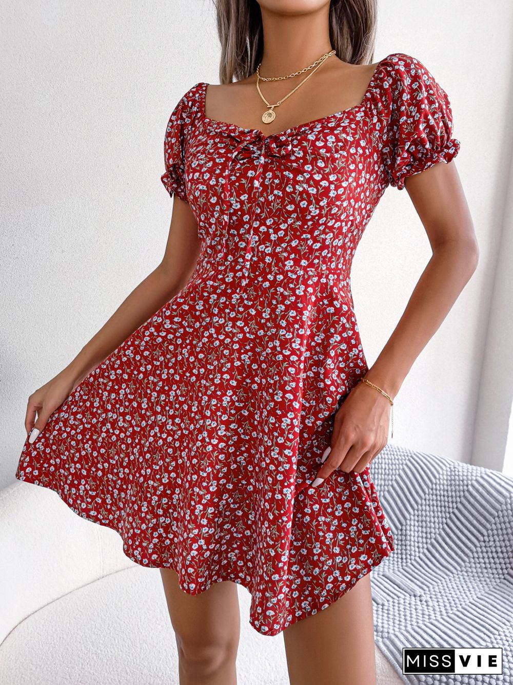 Elegant Floral Print Dresses For Women Summer Dress New Casual V-Neck Short Puff Sleeve High Waist Swing Mini Dress