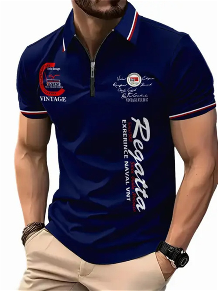 Men's New Printed Pattern Short-sleeved Zipper Polo Shirt Lapel Short Sleeve