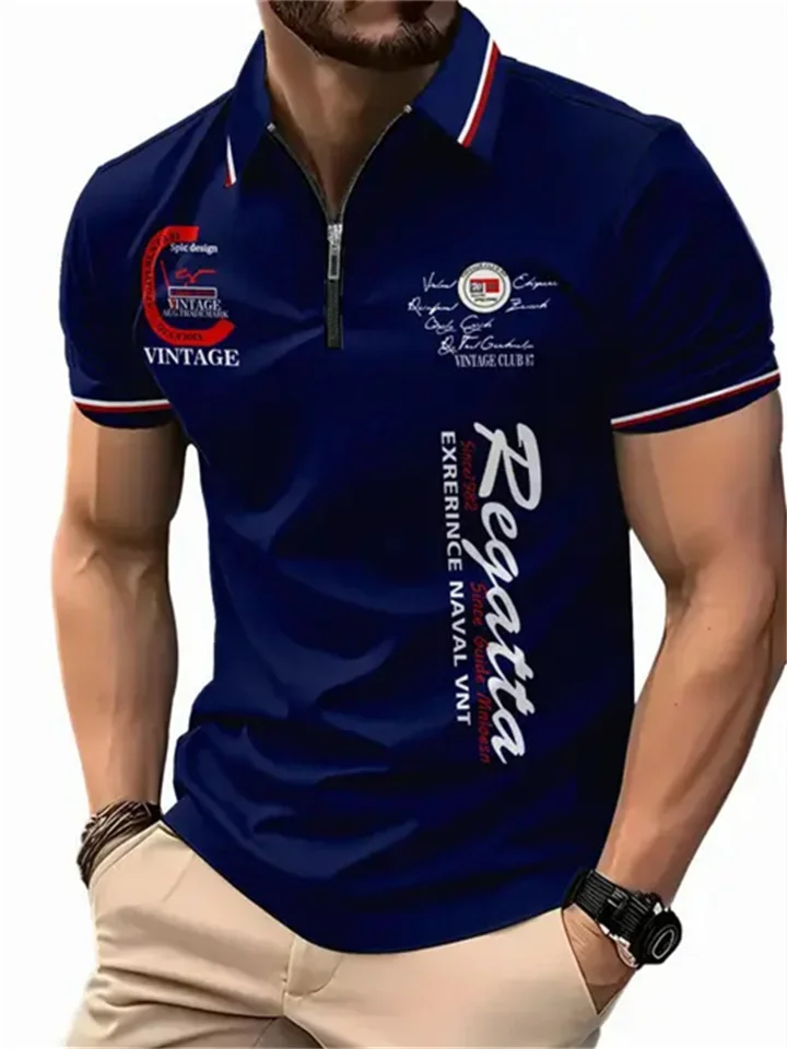 Men's New Printed Pattern Short-sleeved Zipper Polo Shirt Lapel Short Sleeve