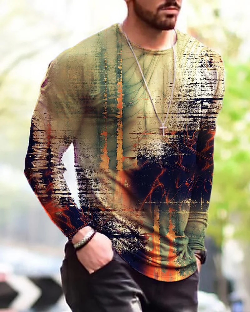 Men's abstract printed long-sleeved T-shirt