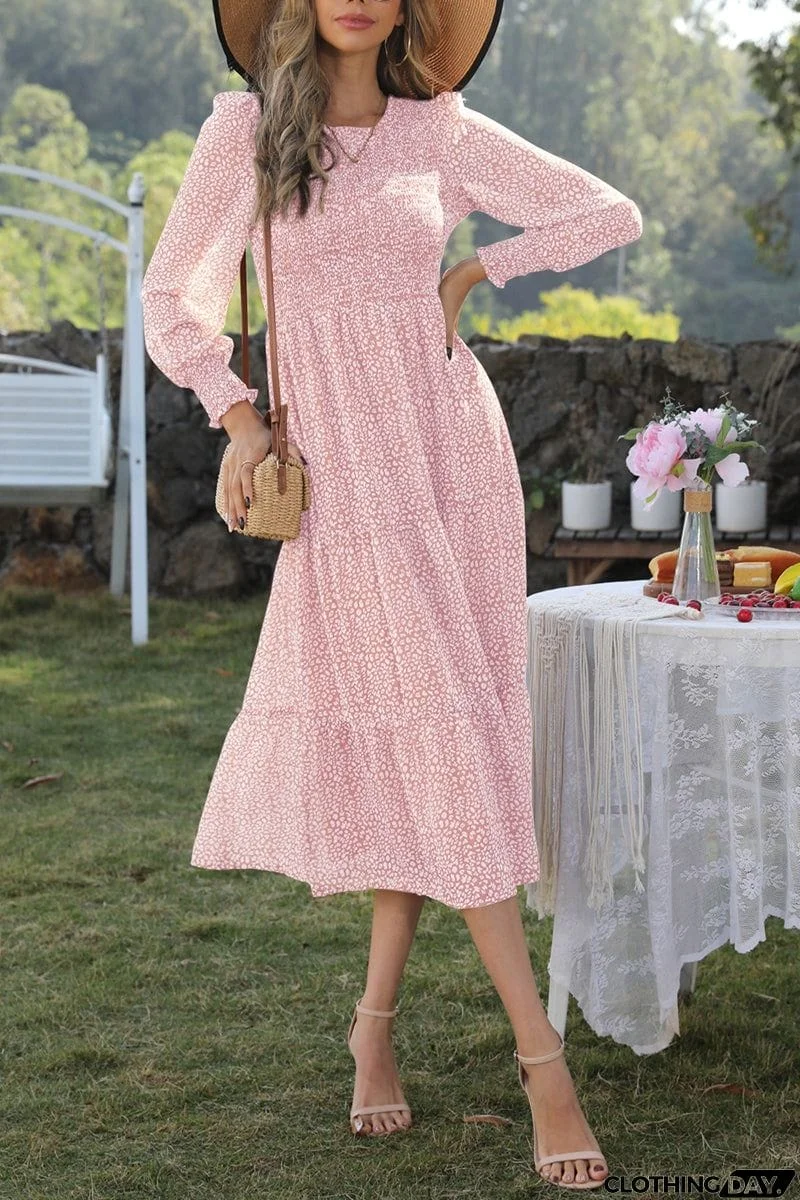 Round Neck Lantern Sleeve Midi Dress