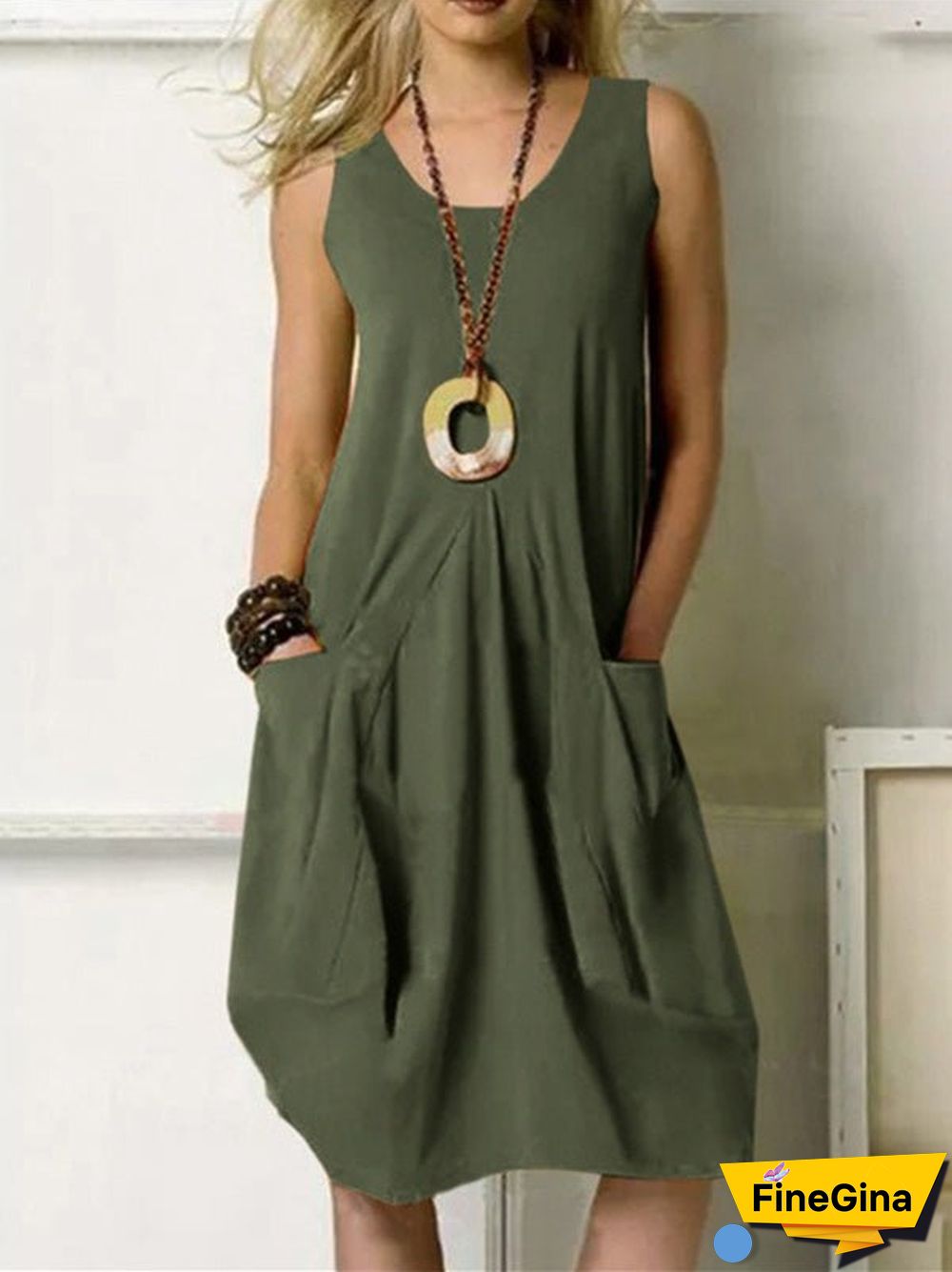 Women'S Dresses Casual Solid Sleeveless Pocket Dress