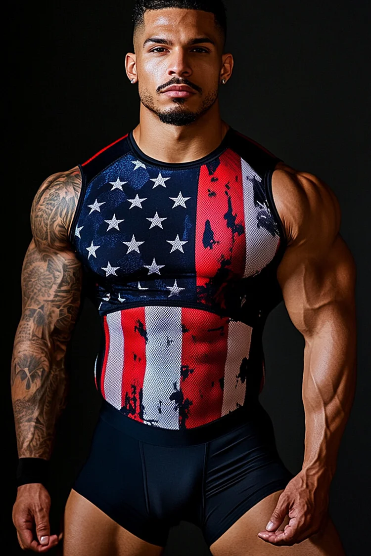 Men's USA Flag Print Tight Fit Sleeveless Festival Bodysuit [Pre-Order]
