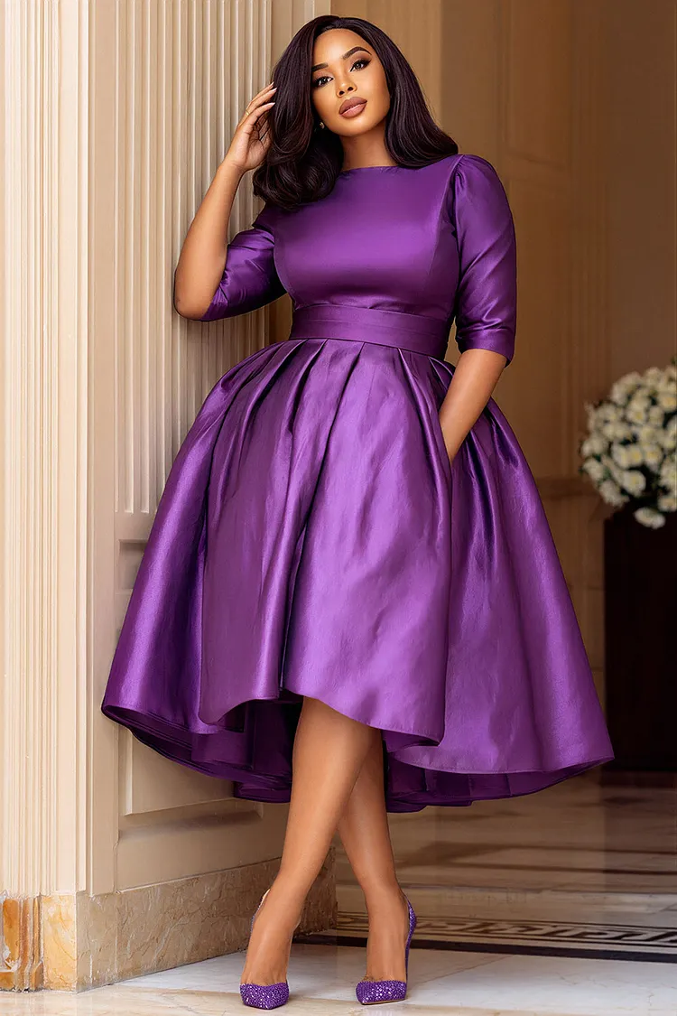 Xpluswear Design Plus Size Cocktail Party Purple Round Neck Half Sleeve Pocket Satin Midi Dresses [Pre-Order] 2024 - Xpluswear