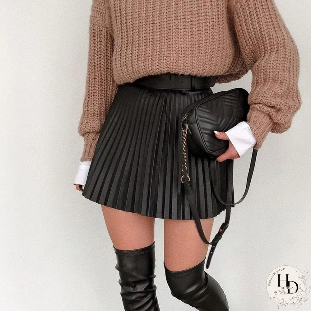 Fashion Black Women Pleated Skirt A-line High Street Sexy Mini Skirt Autumn Winter High Waist Short Skirts Female