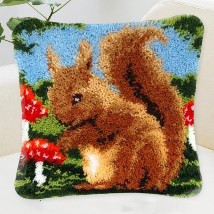 Squirrel And Mushroom Pillowcase Latch Hook Kits for Beginners Ventyled