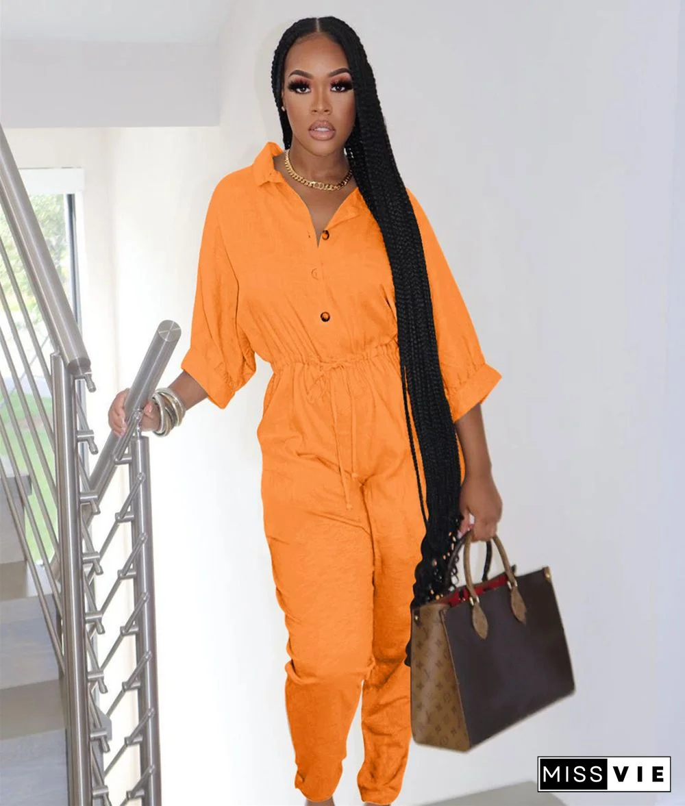 Cotton Button Lace Up Casual One Piece Jumpsuit