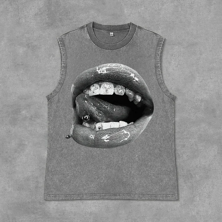 Unisex Lip Graphic Print Vintage Acid Washed Sleeveless Tank Top SOPULA