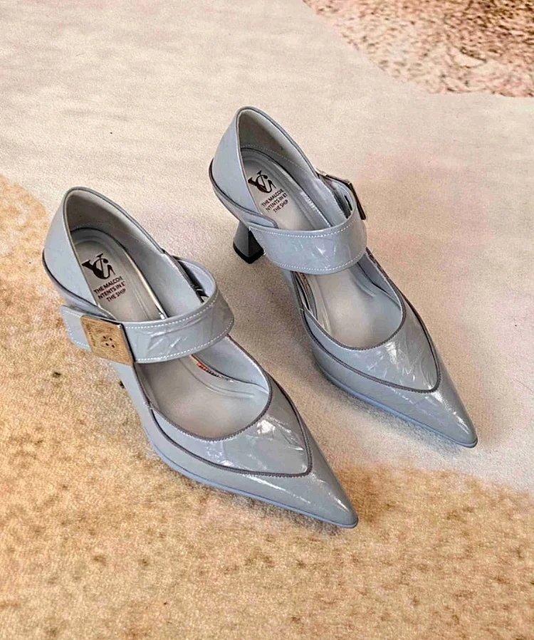 Stylish Splicing High Heels Blue Grey Cowhide Leather Pointed Toe