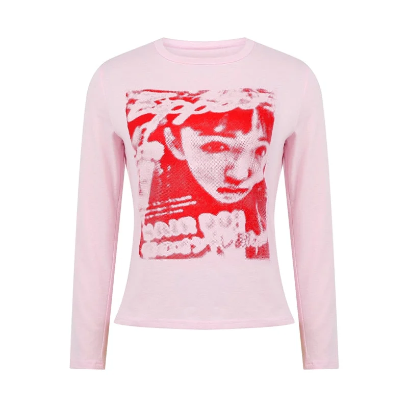 Xingqing Gothic Portrait Print T-shirt Aesthetic Short Sleevle Sweats Tees Harajuku Streetwear White Crop Top Women Clothes