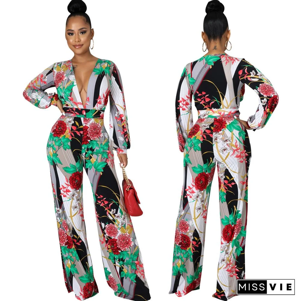 Digital Printed V-neck One Piece Jumpsuit