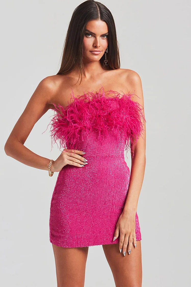 Strapless Feather Sequin Bocydon Mini Dress-Hot Pink