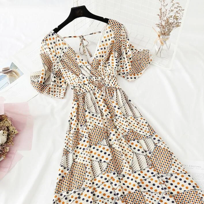 Summer Dress Vintage Floral Ruffles Women Print Short sleeve Chiffon Boho Dresses Mid-calf A-line Backless Sexy Dress Vestidos