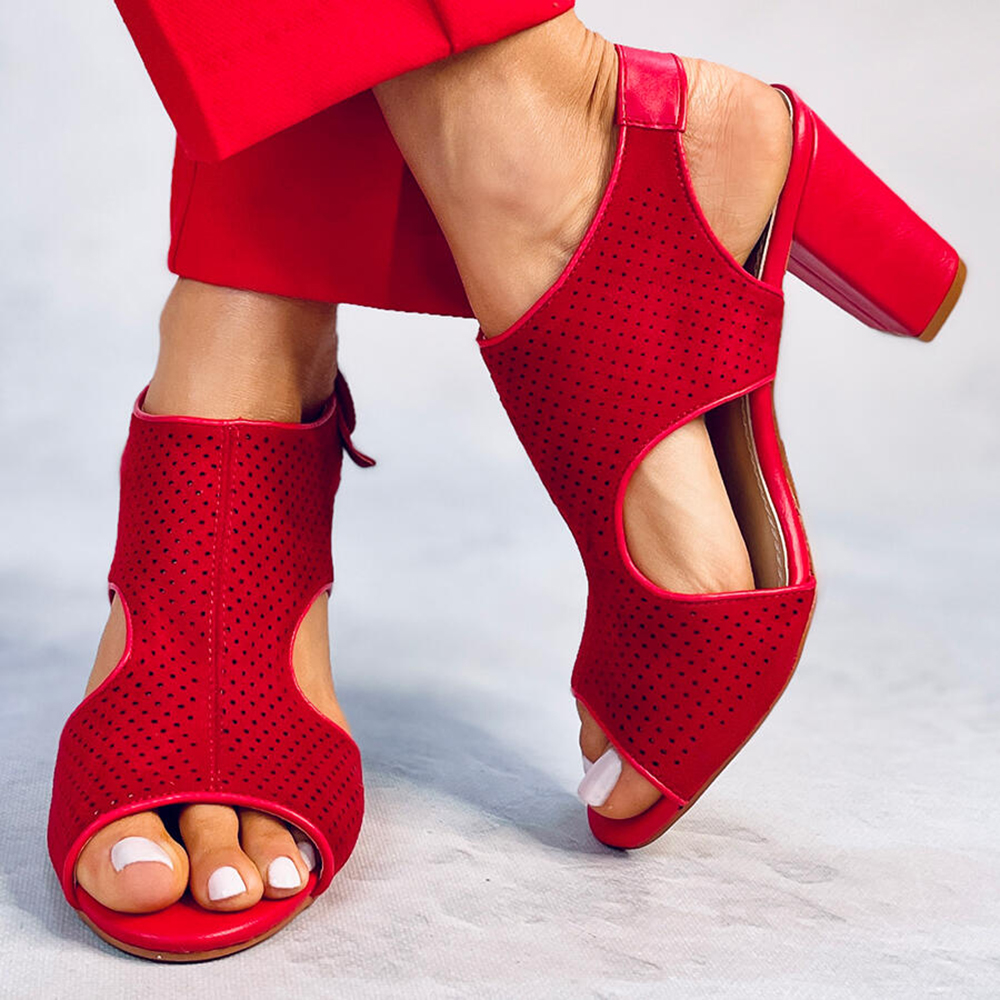 Red Open Toe Chunky Heel Cut Out Slingback Sandals Nicepairs