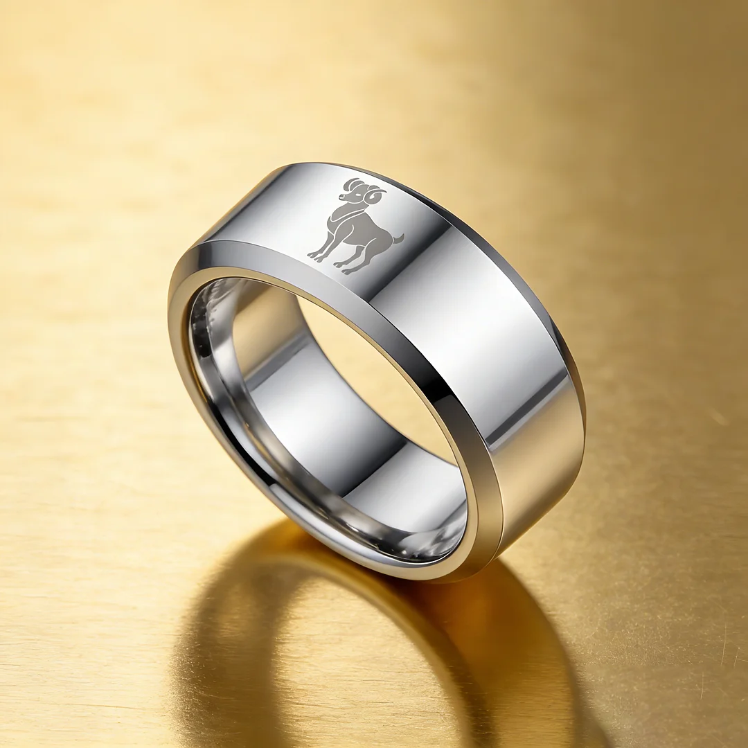 Sliver Aries Couple Wedding Bands Beveled Edges Laser Etched Tungsten Carbide Rings 4MM 6MM 8MM