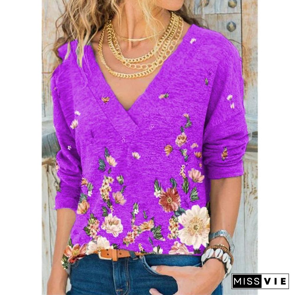 V-Neck Flower Printed Long-Sleeved Shirt