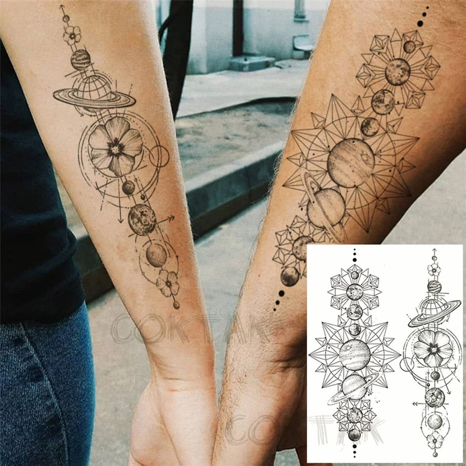 Creative Space Temporary Tattoos For Men Women Astronaut Planets Fake Chains Tatoos Temporary Black Mountain DIY Tatoo Geometric
