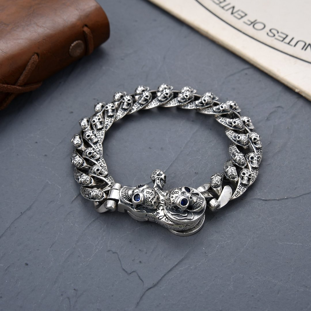 925 Silver Men's personality retro skeleton new graffiti dark hip-hop bracelet