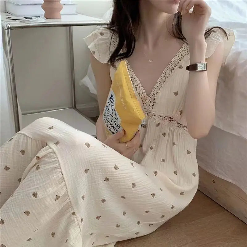 Cute Pajamas Summer Bear New Slip Dress Pajamas Women's Home Clothes Pyjamas Bathrobe Cotton Nightie The Nightgown Sexy Sleeping LANFUBEISI