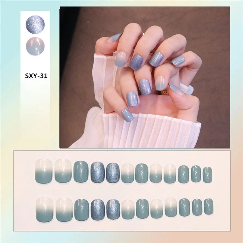 24pcs/box Wearable Finger Fake Nails press on Blue Grey Aurora Effect short size full cover Summer Patch  fake Fingernail tips-Nail Inspo