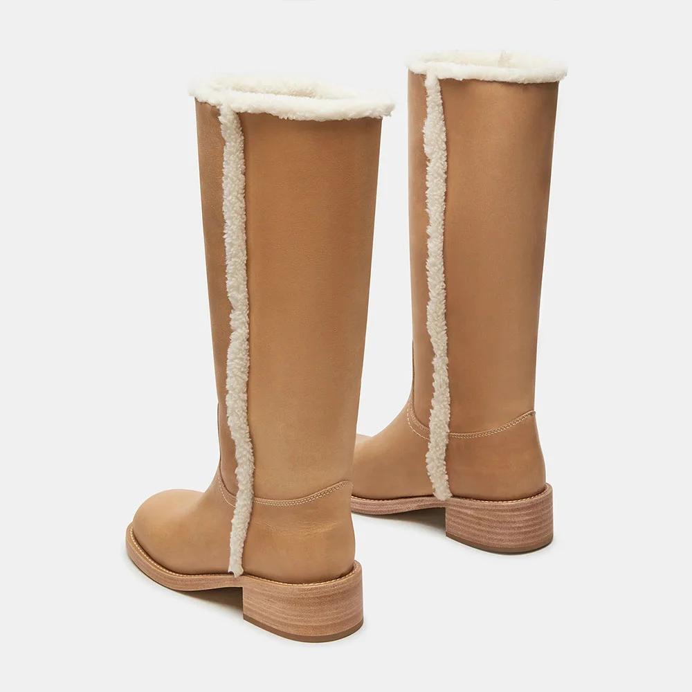 Tan Round Toe Furry Edge Slip On Knee-High Heel Boots for Women