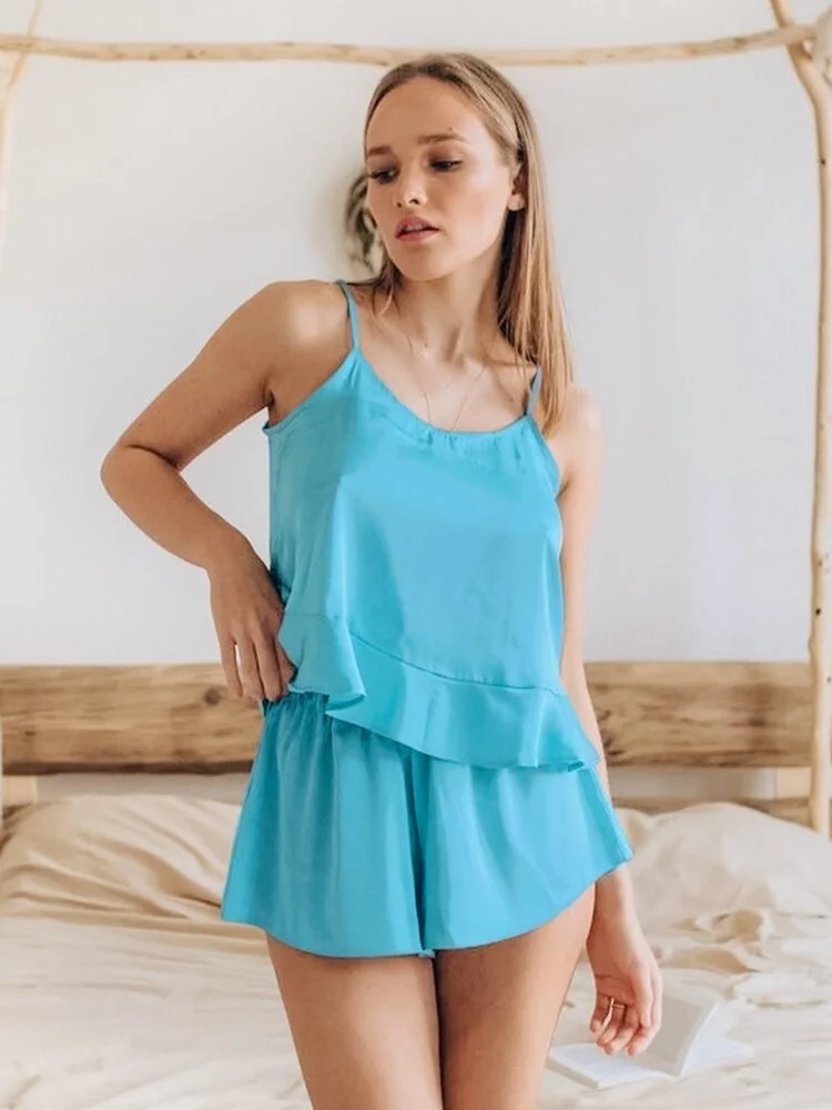 Uaang Irregular Satin Sleepwear Women's Sexy Pajamas Spaghetti Strap Ruffled Home Suit Slit Shorts Sets Backless Loungewear 2022