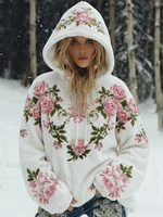 Women's Boho Pink Rose Floral Art Flannel Hooded Sweatshirt